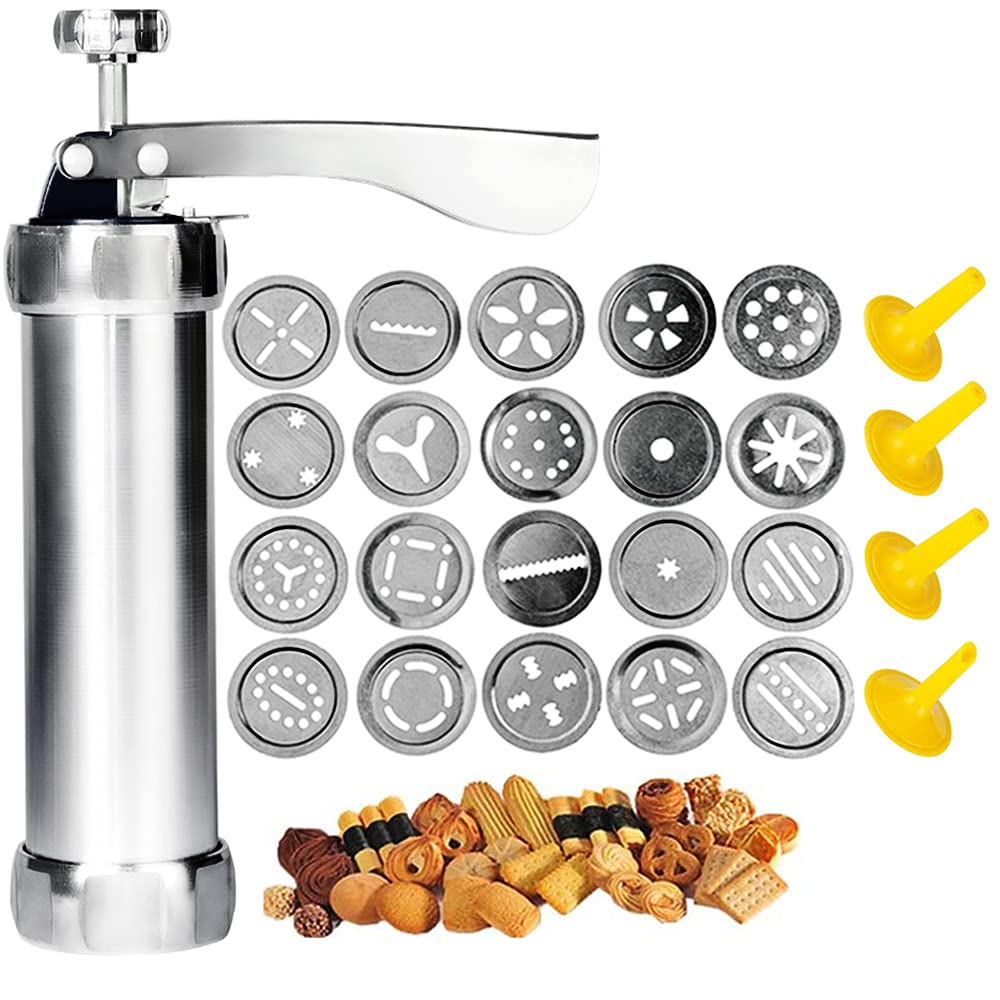 Stainless Steel Cookie Press Machine with 20 Decorative Stencils and 4 Icing Tips, Deluxe Splash Cookie Press Biscuit Maker for DIY Cookies Baking Supplies