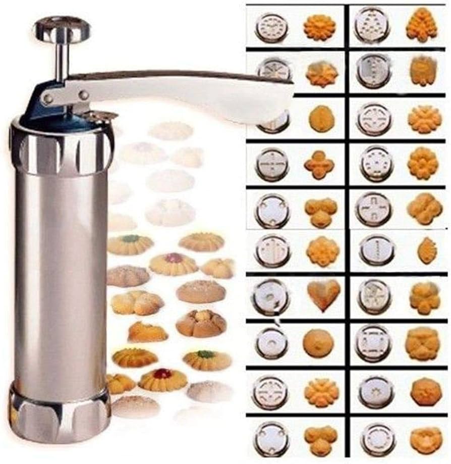 Stainless Steel Cookie Press Machine with 20 Decorative Stencils and 4 Icing Tips, Deluxe Splash Cookie Press Biscuit Maker for DIY Cookies Baking Supplies