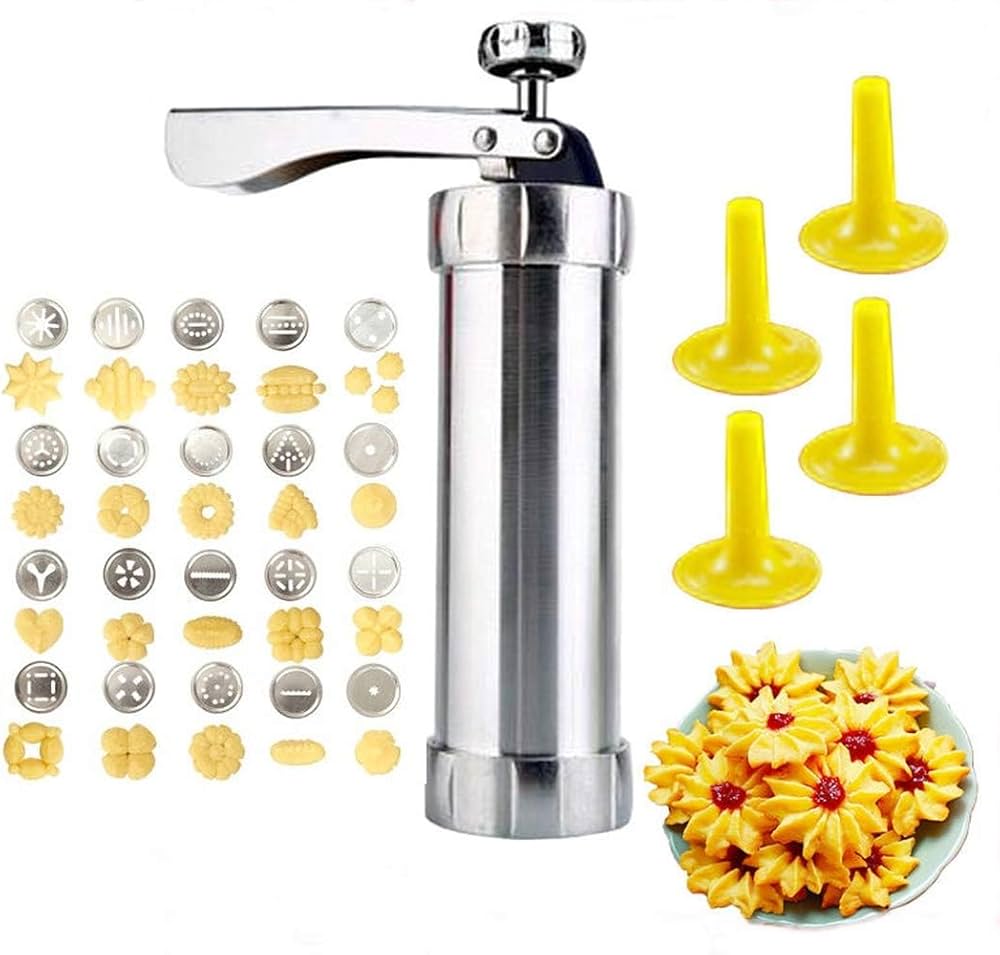Stainless Steel Cookie Press Machine with 20 Decorative Stencils and 4 Icing Tips, Deluxe Splash Cookie Press Biscuit Maker for DIY Cookies Baking Supplies