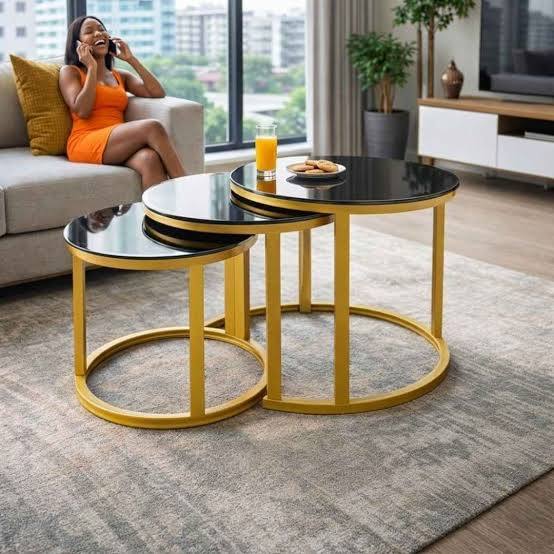 3in1 black glass coffee table has  black tempered glass tops with gold-finished metal frames