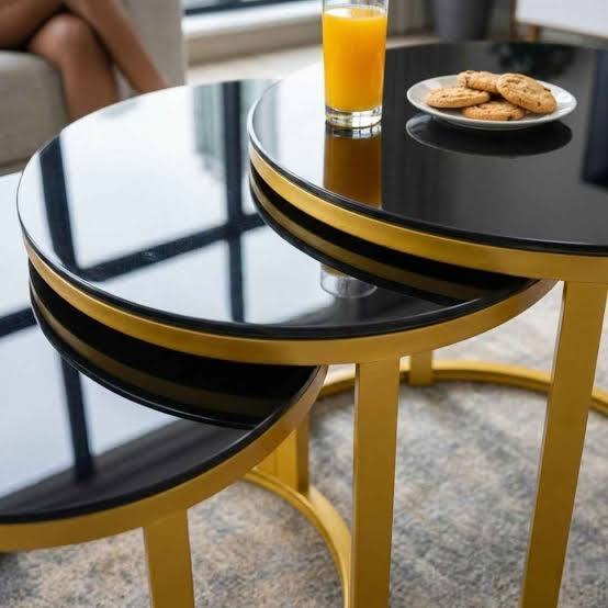 3in1 black glass coffee table has  black tempered glass tops with gold-finished metal frames