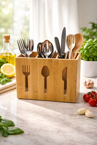 3-slot bamboo cutlery organizer box designed for countertop or dining table use to keep silverware neatly separated and accessible