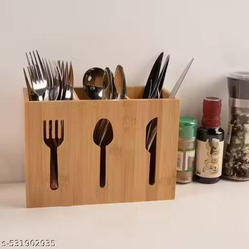 3-slot bamboo cutlery organizer box designed for countertop or dining table use to keep silverware neatly separated and accessible