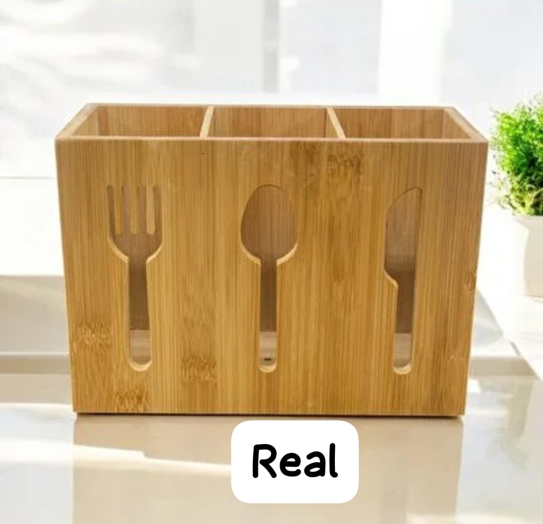 3-slot bamboo cutlery organizer box designed for countertop or dining table use to keep silverware neatly separated and accessible