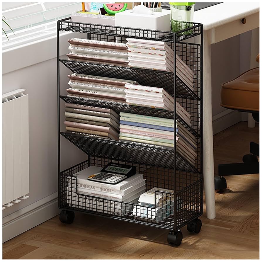 5-tier mobile metal mesh bookshelf or storage rack,/rolling document organizer for organizing books, magazines, and office supplies