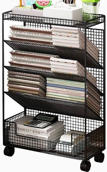 5-tier mobile metal mesh bookshelf or storage rack,/rolling document organizer for organizing books, magazines, and office supplies