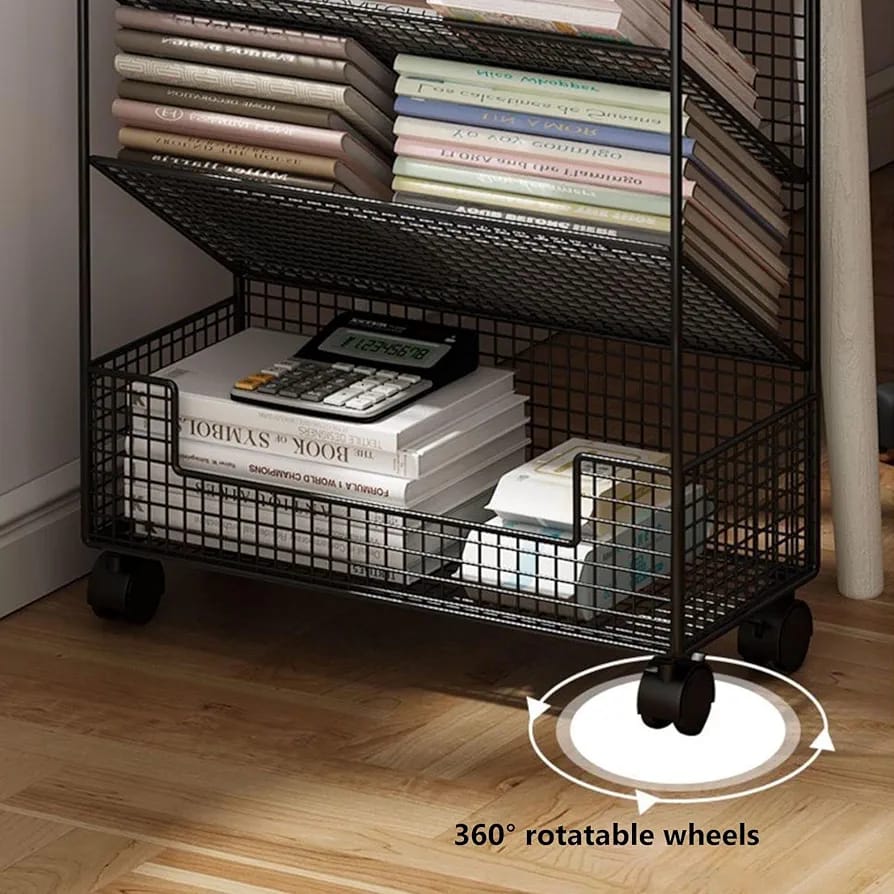 5-tier mobile metal mesh bookshelf or storage rack,/rolling document organizer for organizing books, magazines, and office supplies
