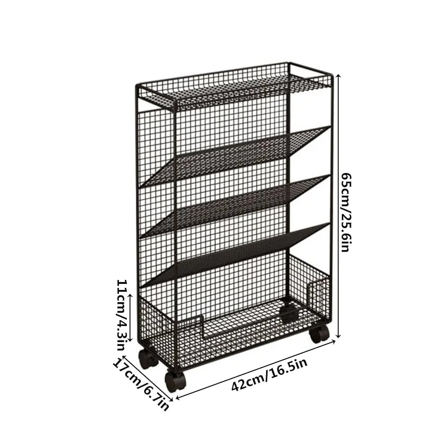 5-tier mobile metal mesh bookshelf or storage rack,/rolling document organizer for organizing books, magazines, and office supplies