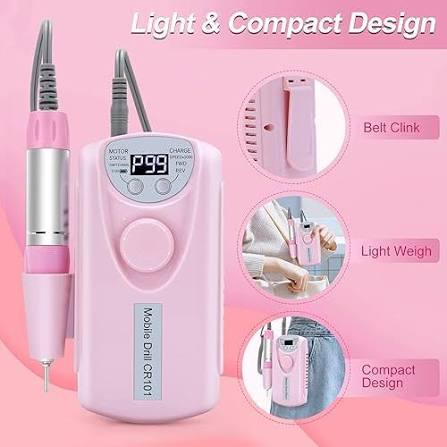 Professional rechargeable electric nail drill designed for manicure and pedicure tasks, such as removing gel polish, trimming nails, and clearing cuticles