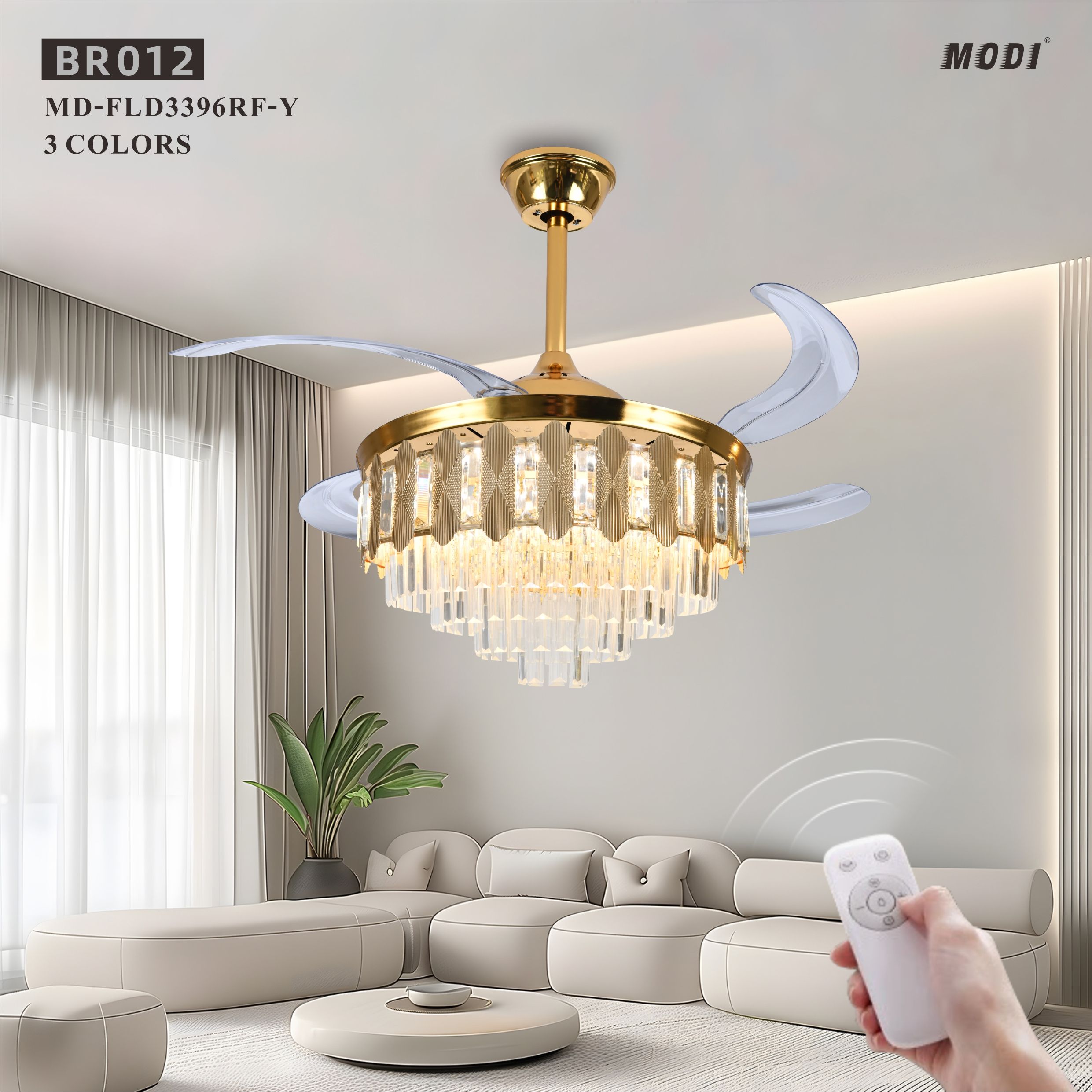 MODI LED Ceiling Fan Light Modern Luxury Golden Crystal Invisible , Bluetooth Speaker, Remote Control, Silent, for Living Room Bedroom Dining Room