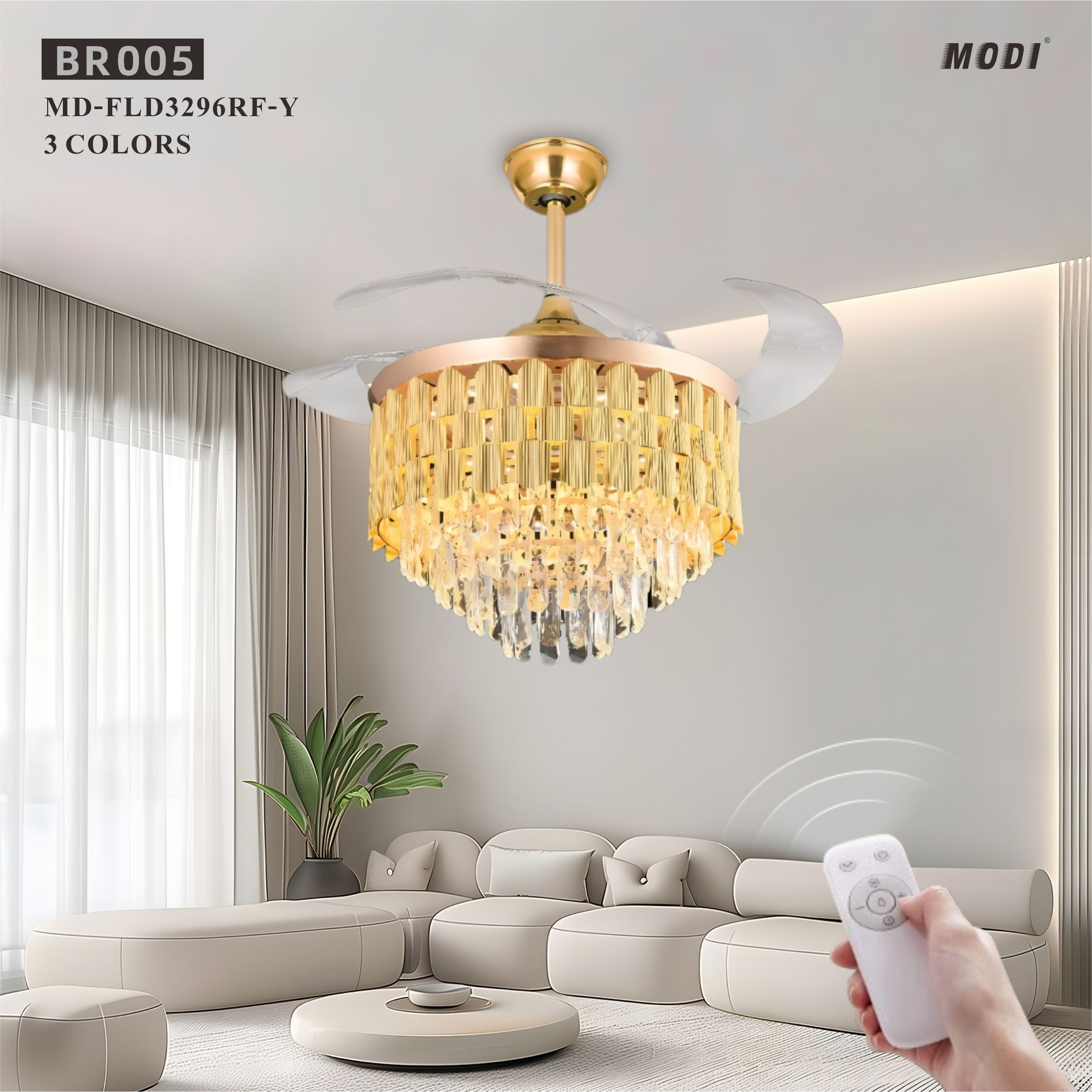 MODI LED Ceiling Fan with Light 3 Color Dimmable Bluetooth Speaker Remote Control Modern Fan Lamp for Living Room Bedroom