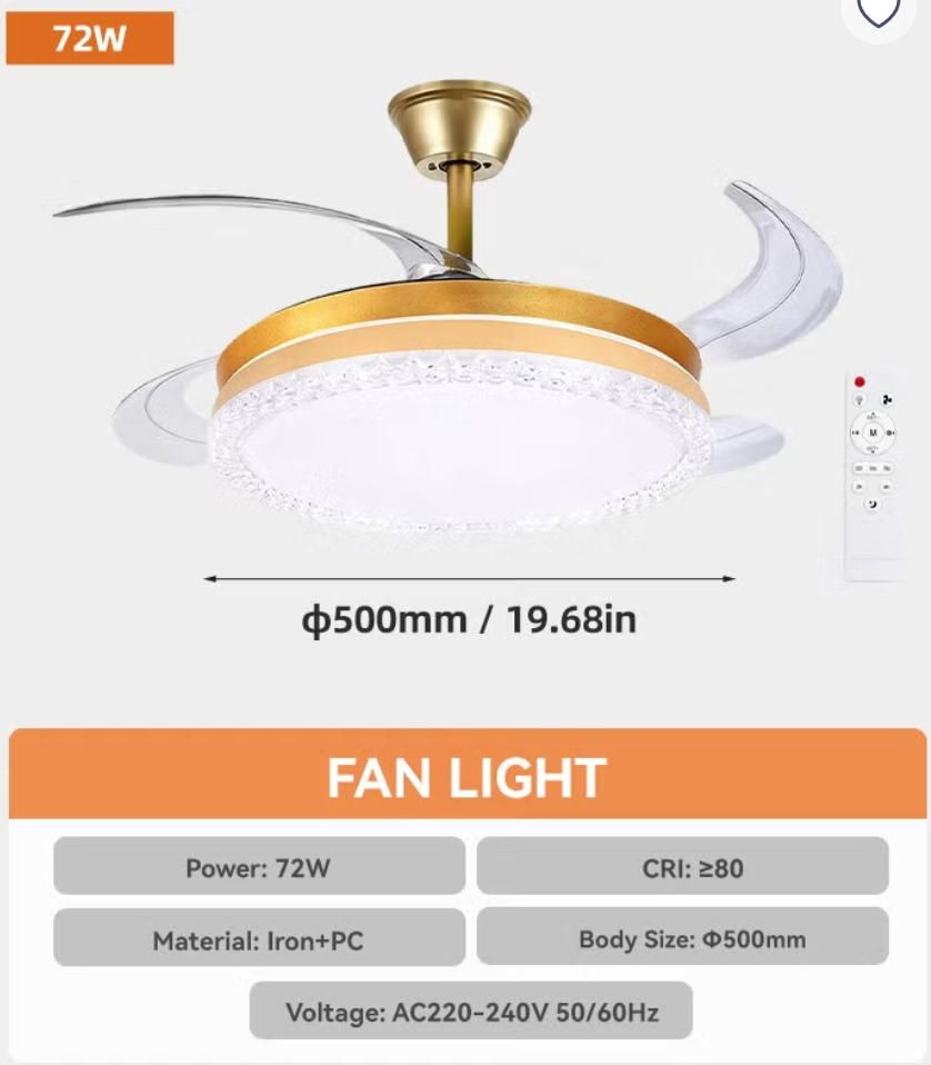 MODI 72W LED Ceiling Fan Light with Remote Control, Modern Retractable Blades, Silent Motor, 3 Color Dimmable Light , Low Noise Ceiling Fan for Bedroom Living Room Kitchen