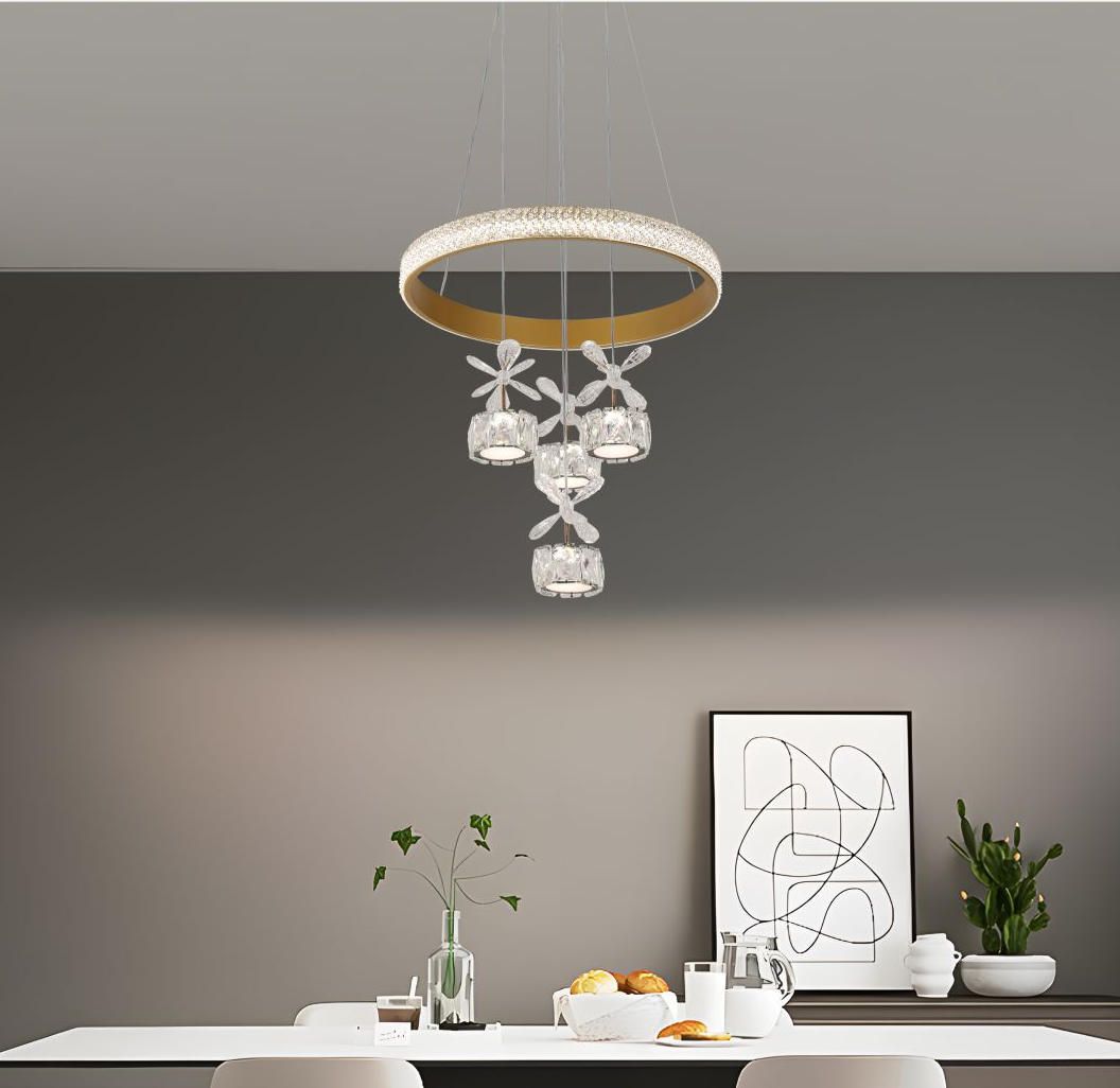Modern and luxurios chandelier, LED chandelier with 3 lighting colors, white pendant lamp with 4 balls LED cross-shaped rings, indoor lighting