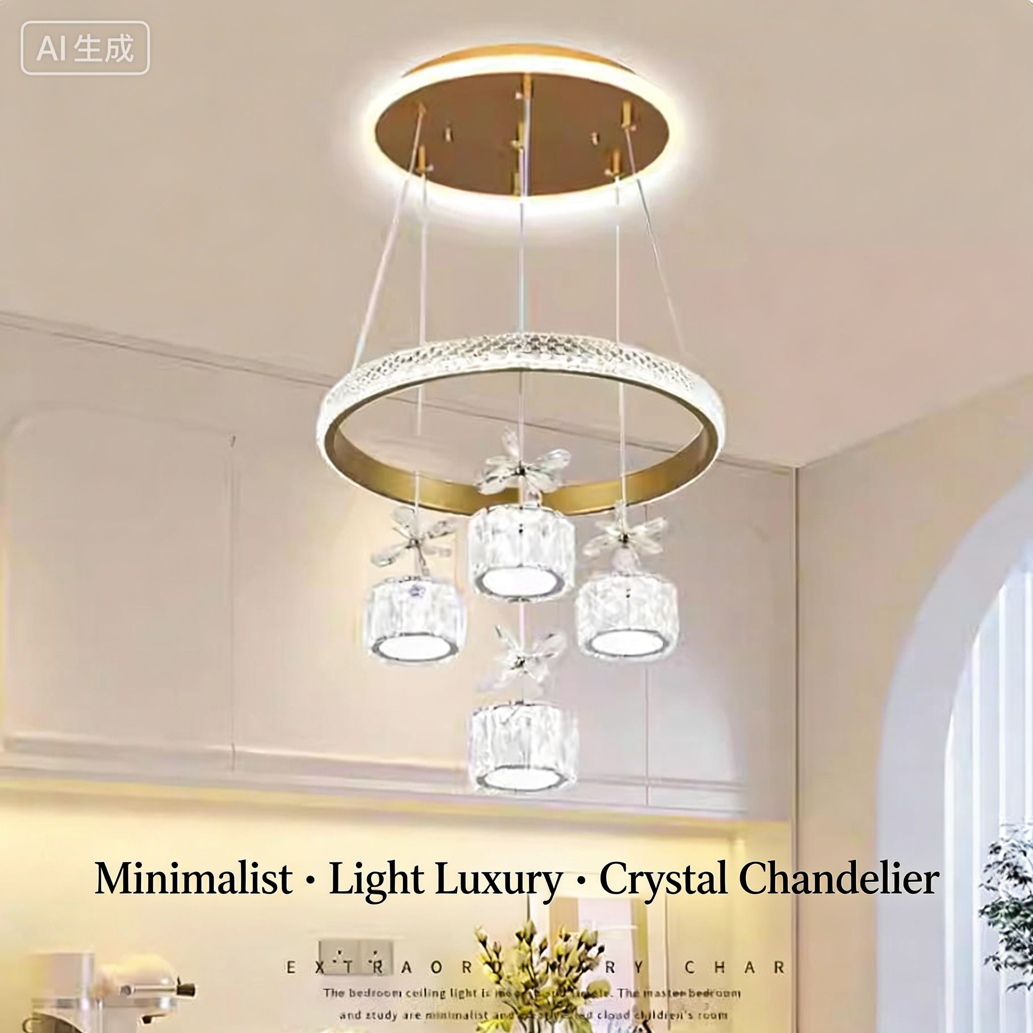 Modern and luxurios chandelier, LED chandelier with 3 lighting colors, white pendant lamp with 4 balls LED cross-shaped rings, indoor lighting