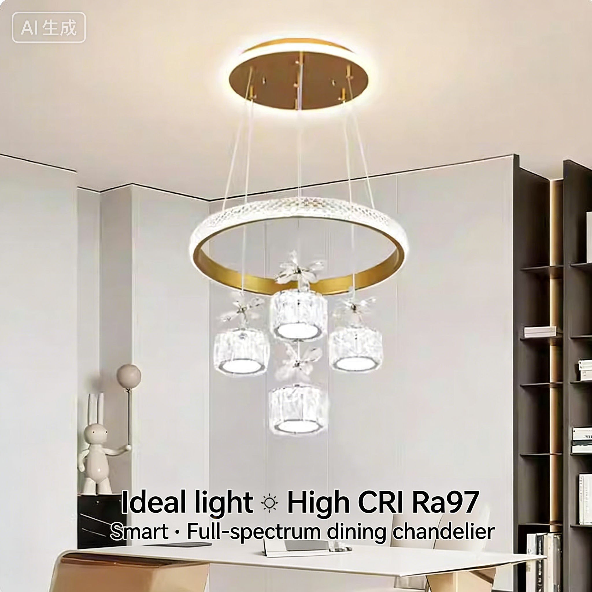 Modern and luxurios chandelier, LED chandelier with 3 lighting colors, white pendant lamp with 4 balls LED cross-shaped rings, indoor lighting