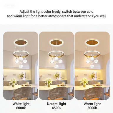 Modern and luxurios chandelier, LED chandelier with 3 lighting colors, white pendant lamp with 4 balls LED cross-shaped rings, indoor lighting