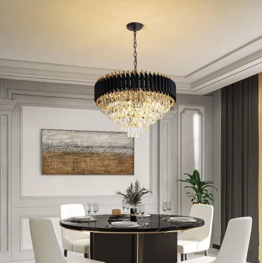 Round K9 Crystal Chandelier | Modern Chandelier Light Fixture for Hallway, Living Room, Hotel & Black Gold Chandelier - Modern Living Room Jhumar with K9 Crystal or  Tier LED Light.