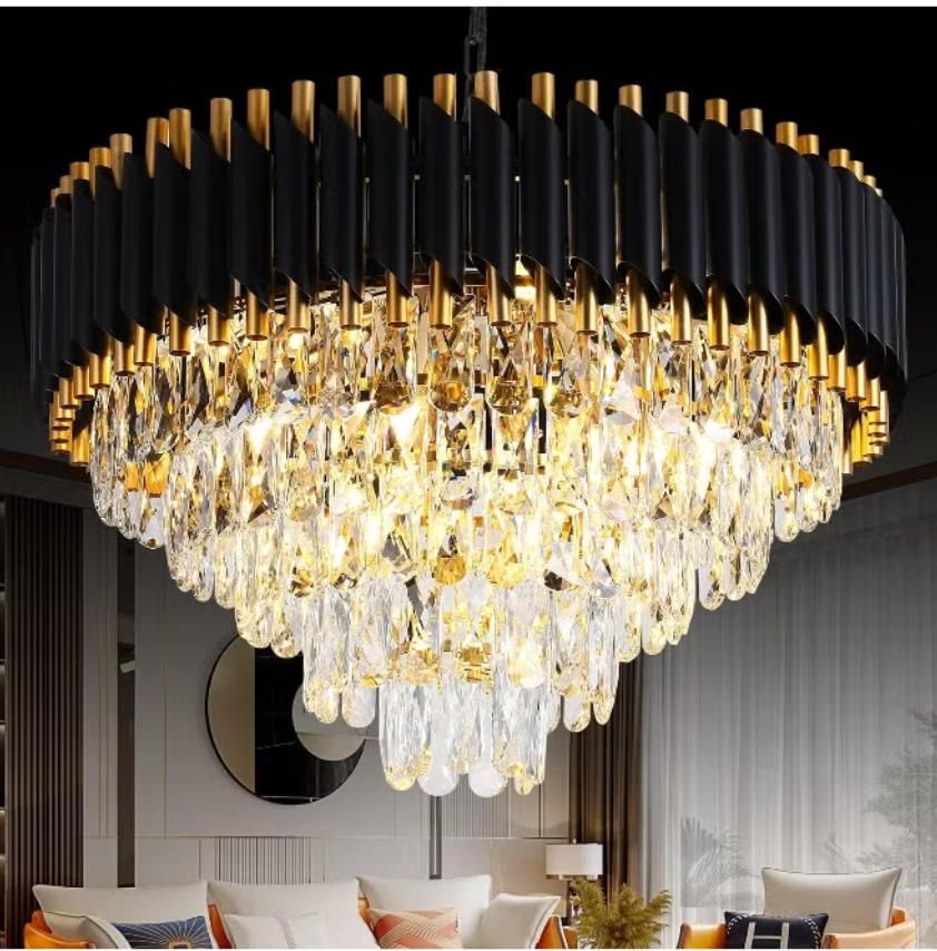 Round K9 Crystal Chandelier | Modern Chandelier Light Fixture for Hallway, Living Room, Hotel & Black Gold Chandelier - Modern Living Room Jhumar with K9 Crystal or  Tier LED Light.