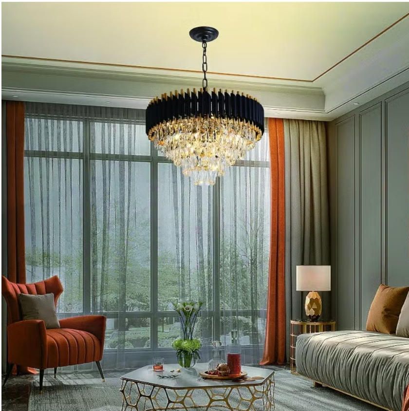 Round K9 Crystal Chandelier | Modern Chandelier Light Fixture for Hallway, Living Room, Hotel & Black Gold Chandelier - Modern Living Room Jhumar with K9 Crystal or  Tier LED Light.