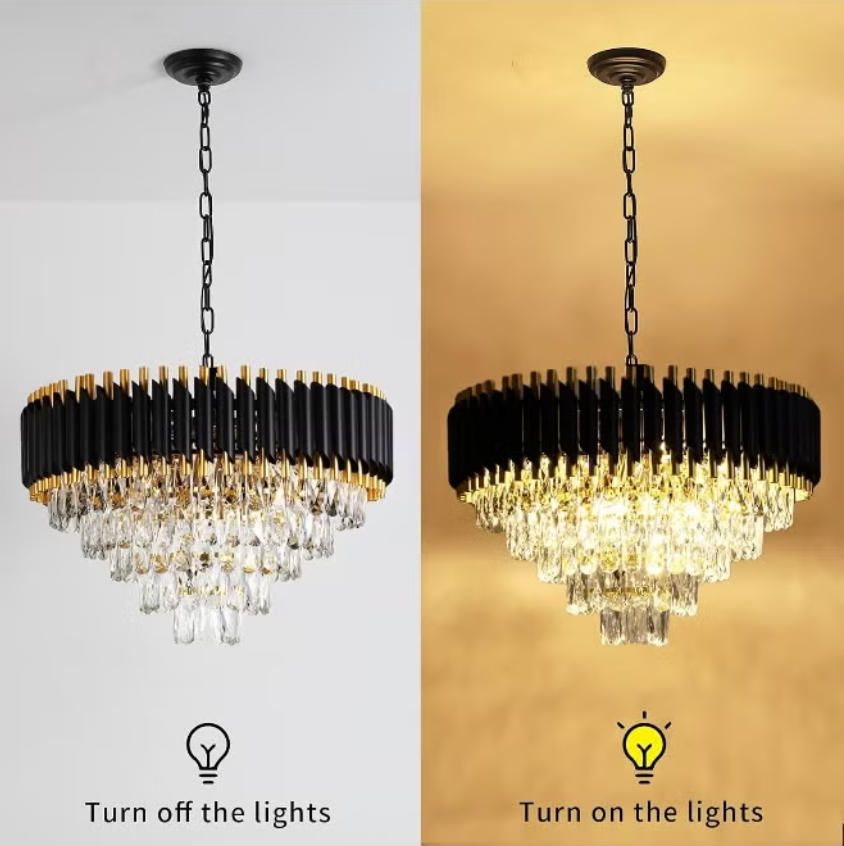 Round K9 Crystal Chandelier | Modern Chandelier Light Fixture for Hallway, Living Room, Hotel & Black Gold Chandelier - Modern Living Room Jhumar with K9 Crystal or  Tier LED Light.