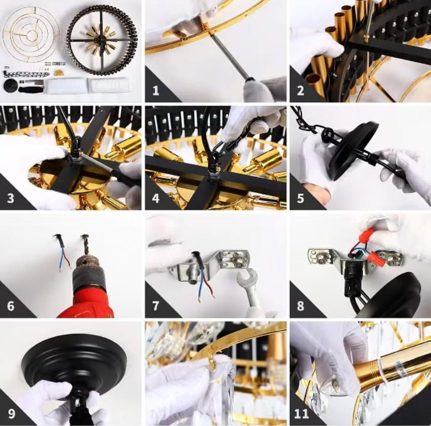 Round K9 Crystal Chandelier | Modern Chandelier Light Fixture for Hallway, Living Room, Hotel & Black Gold Chandelier - Modern Living Room Jhumar with K9 Crystal or  Tier LED Light.