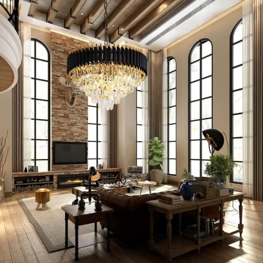 Round K9 Crystal Chandelier | Modern Chandelier Light Fixture for Hallway, Living Room, Hotel & Black Gold Chandelier - Modern Living Room Jhumar with K9 Crystal or  Tier LED Light.