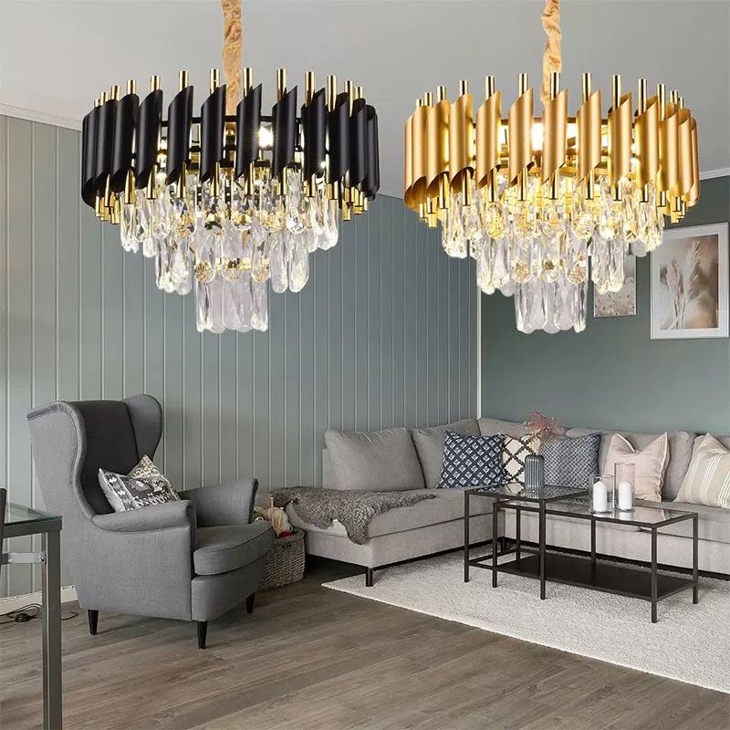 Round K9 Crystal Chandelier | Modern Chandelier Light Fixture for Hallway, Living Room, Hotel & Black Gold Chandelier - Modern Living Room Jhumar with K9 Crystal or  Tier LED Light.