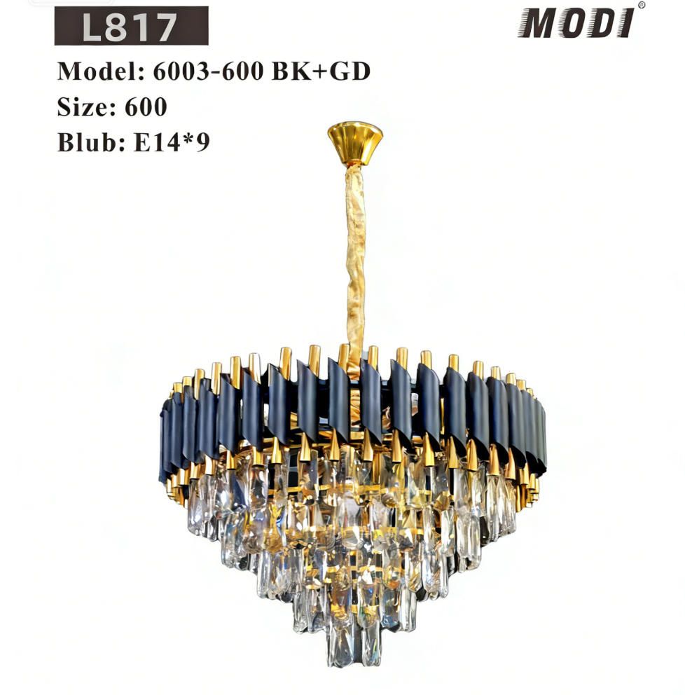 Round K9 Crystal Chandelier | Modern Chandelier Light Fixture for Hallway, Living Room, Hotel & Black Gold Chandelier - Modern Living Room Jhumar with K9 Crystal or  Tier LED Light.