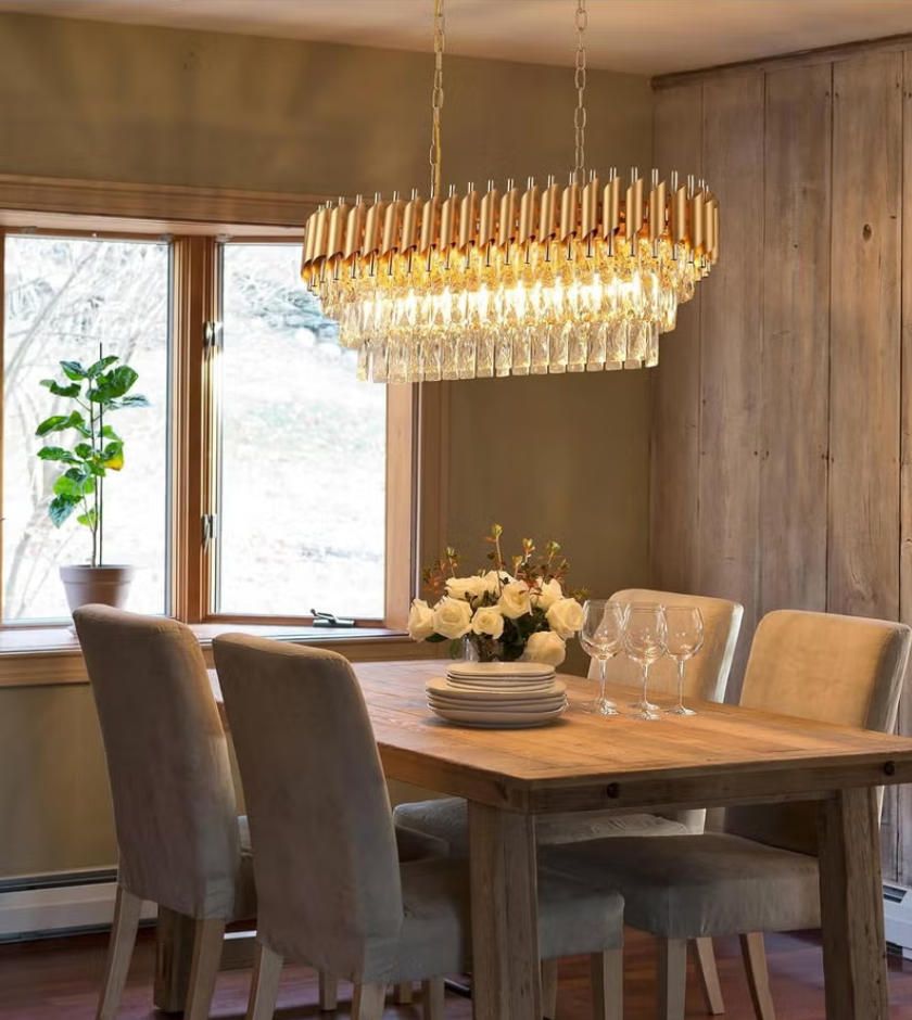 MODI Modern Rectangular Chandelier – 120 cm Gold Crystal 8-Light Luxury Oval Ceiling Pendant for Dining Room, Kitchen Island & Living Room