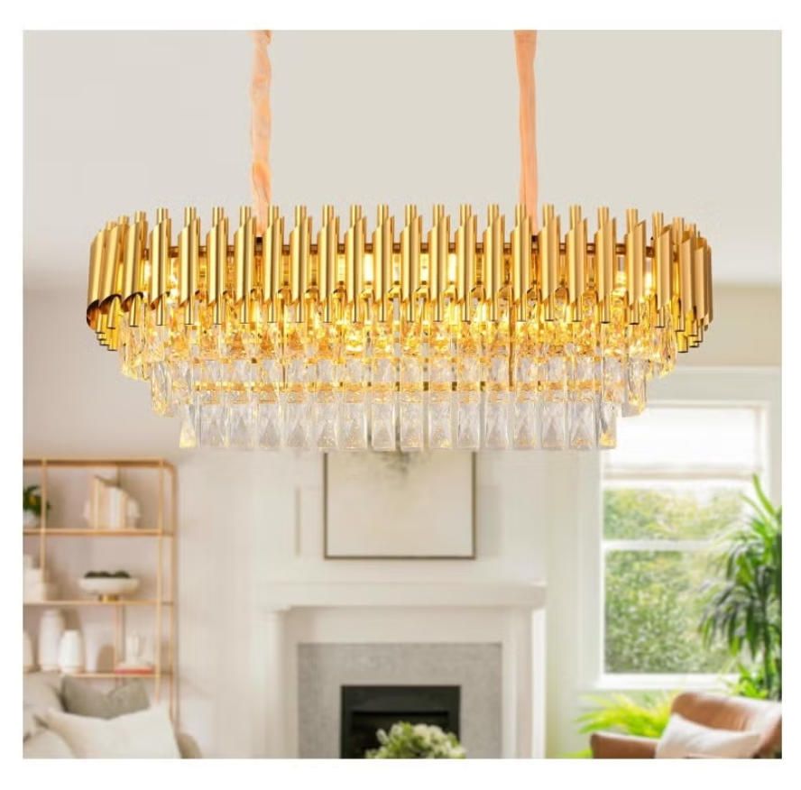 MODI Modern Rectangular Chandelier – 120 cm Gold Crystal 8-Light Luxury Oval Ceiling Pendant for Dining Room, Kitchen Island & Living Room