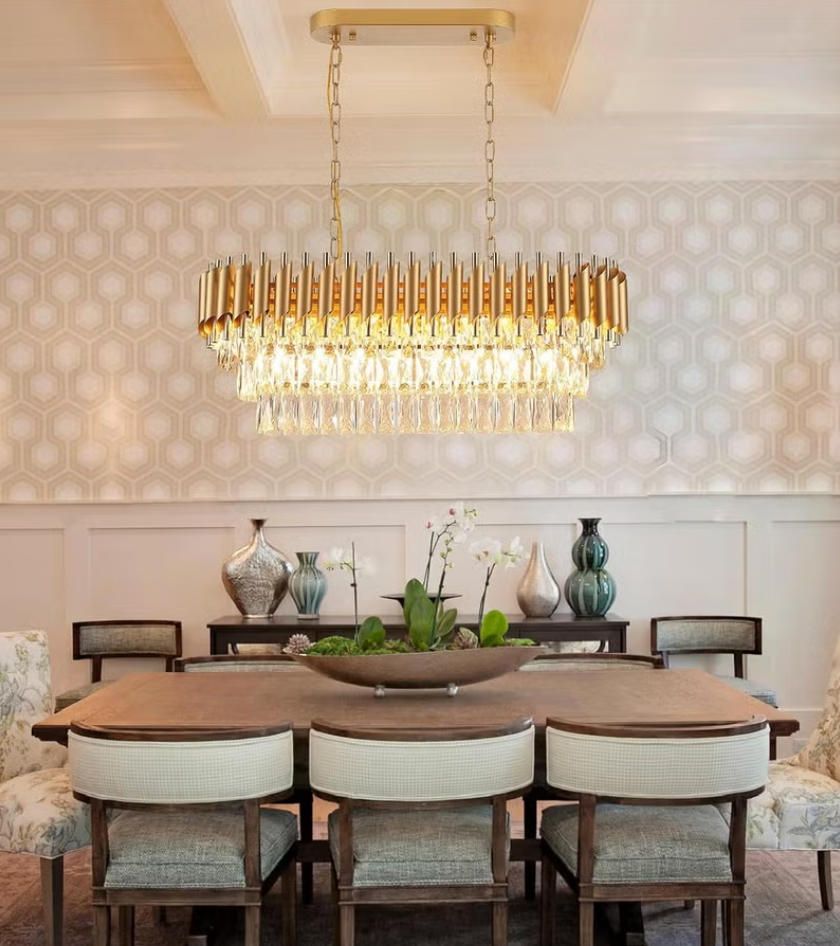 MODI Modern Rectangular Chandelier – 120 cm Gold Crystal 8-Light Luxury Oval Ceiling Pendant for Dining Room, Kitchen Island & Living Room