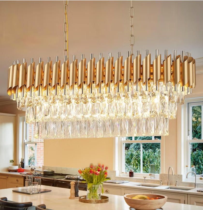 MODI Modern Rectangular Chandelier – 120 cm Gold Crystal 8-Light Luxury Oval Ceiling Pendant for Dining Room, Kitchen Island & Living Room