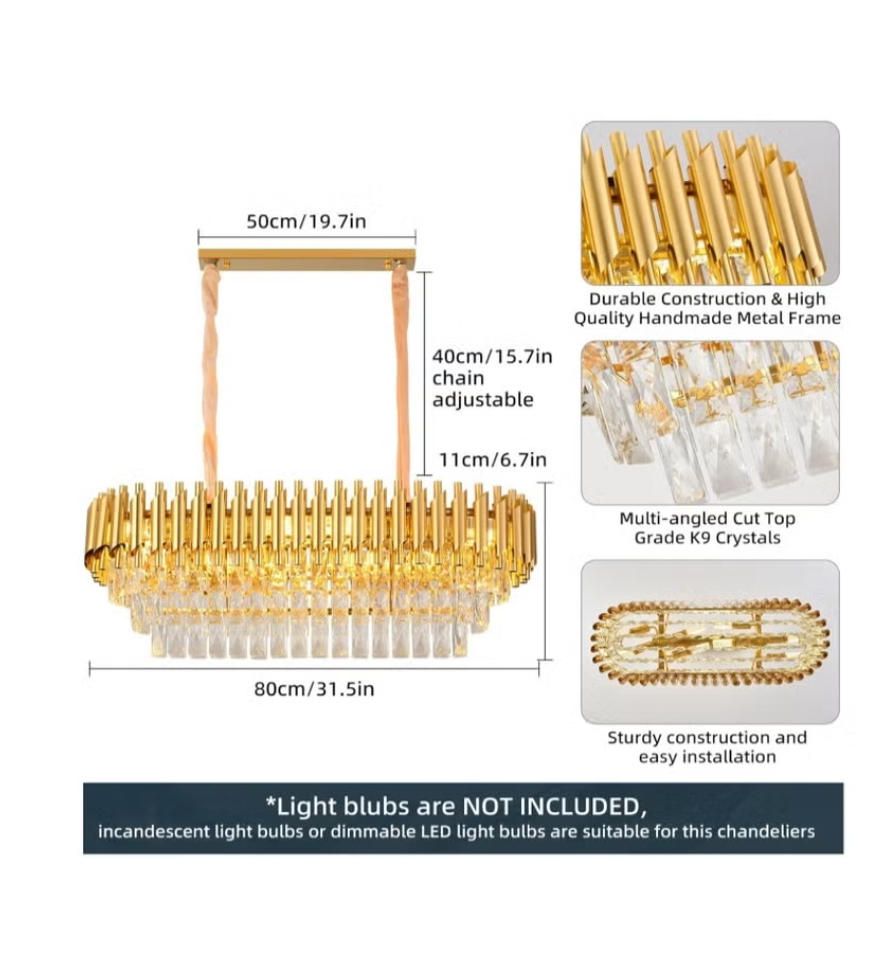 MODI Modern Rectangular Chandelier – 120 cm Gold Crystal 8-Light Luxury Oval Ceiling Pendant for Dining Room, Kitchen Island & Living Room