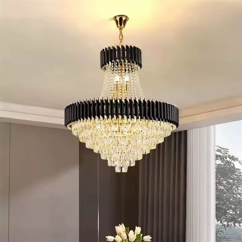 MODI High Grade Double Layer Crystal Chandelier | Modern Chandelier Light Fixture for Hallway, Living Room, Hotel & Black Gold Chandelier - Modern Living Room Jhumar with K9 Crystal or Tier LED Light.