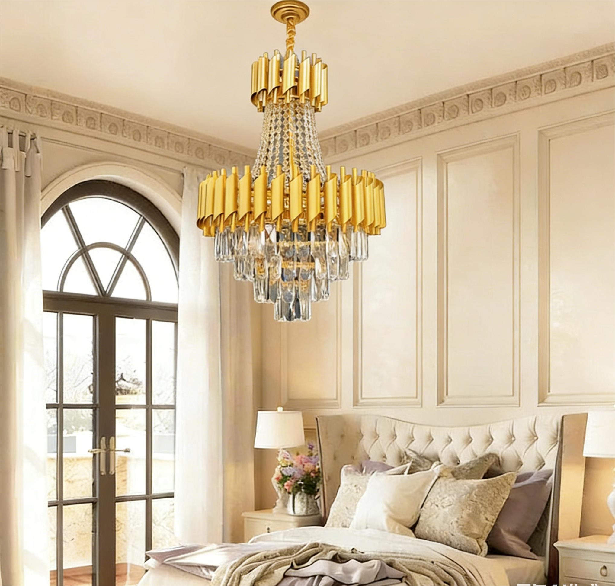 MODI High Grade Double Layer Crystal Chandelier | Modern Chandelier Light Fixture for Hallway, Living Room, Hotel & Black Gold Chandelier - Modern Living Room Jhumar with K9 Crystal or Tier LED Light.