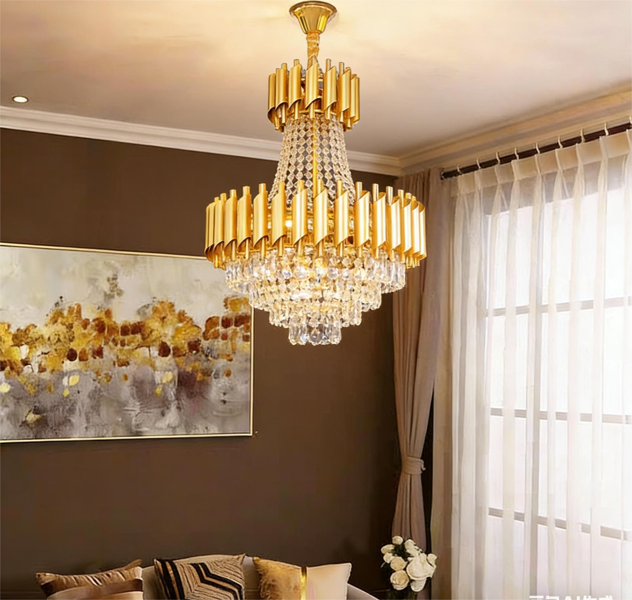 MODI High Grade Double Layer Crystal Chandelier | Modern Chandelier Light Fixture for Hallway, Living Room, Hotel & Black Gold Chandelier - Modern Living Room Jhumar with K9 Crystal or Tier LED Light.