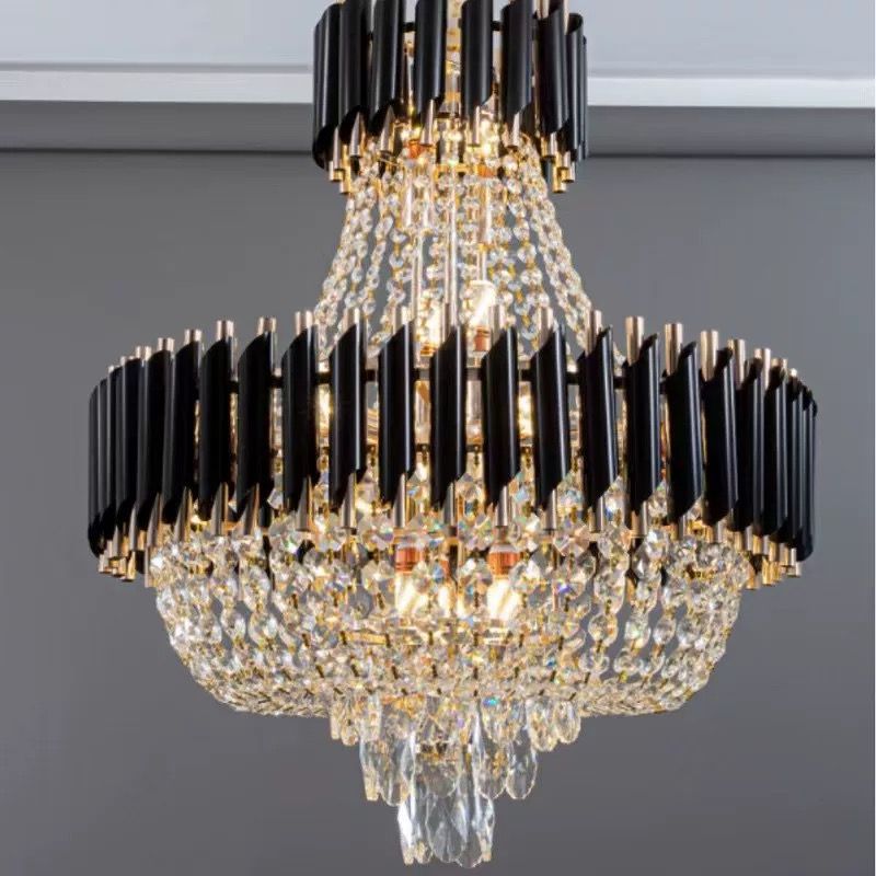 MODI High Grade Double Layer Crystal Chandelier | Modern Chandelier Light Fixture for Hallway, Living Room, Hotel & Black Gold Chandelier - Modern Living Room Jhumar with K9 Crystal or Tier LED Light.