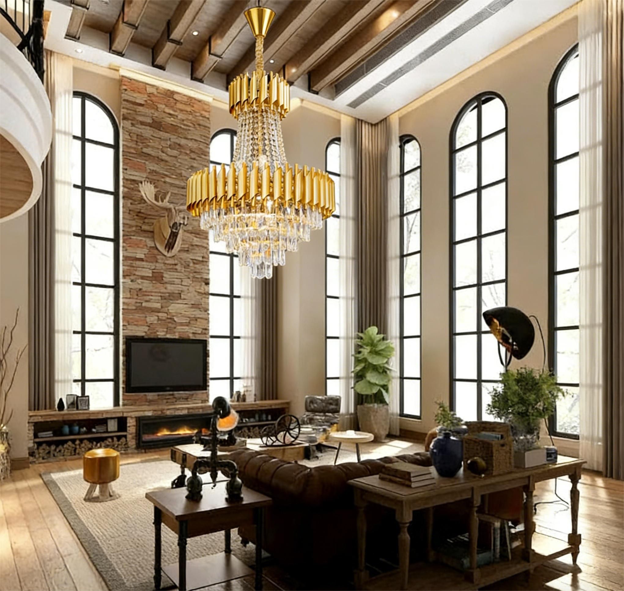 MODI High Grade Double Layer Crystal Chandelier | Modern Chandelier Light Fixture for Hallway, Living Room, Hotel & Black Gold Chandelier - Modern Living Room Jhumar with K9 Crystal or Tier LED Light.