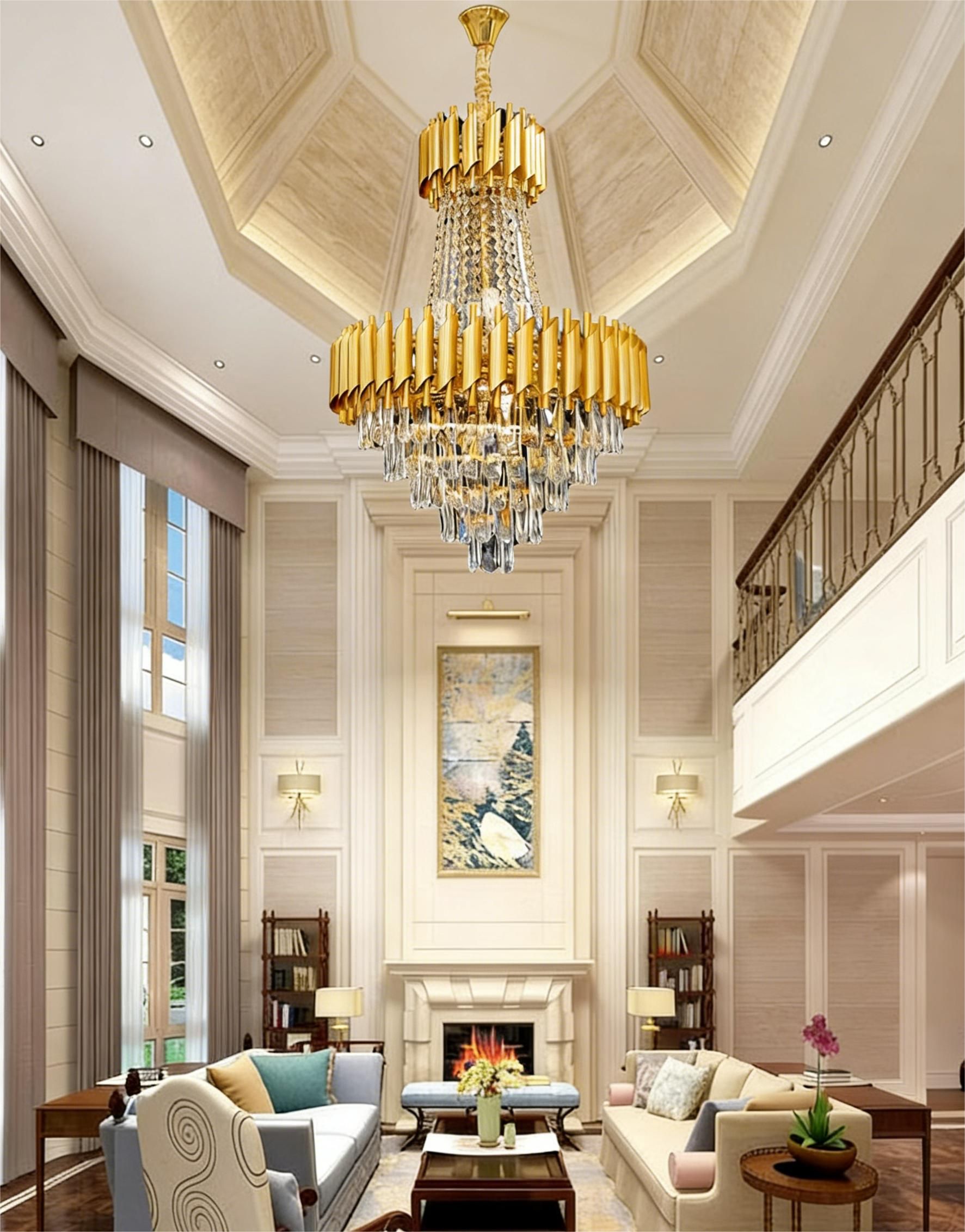 MODI High Grade Double Layer Crystal Chandelier | Modern Chandelier Light Fixture for Hallway, Living Room, Hotel & Black Gold Chandelier - Modern Living Room Jhumar with K9 Crystal or Tier LED Light.