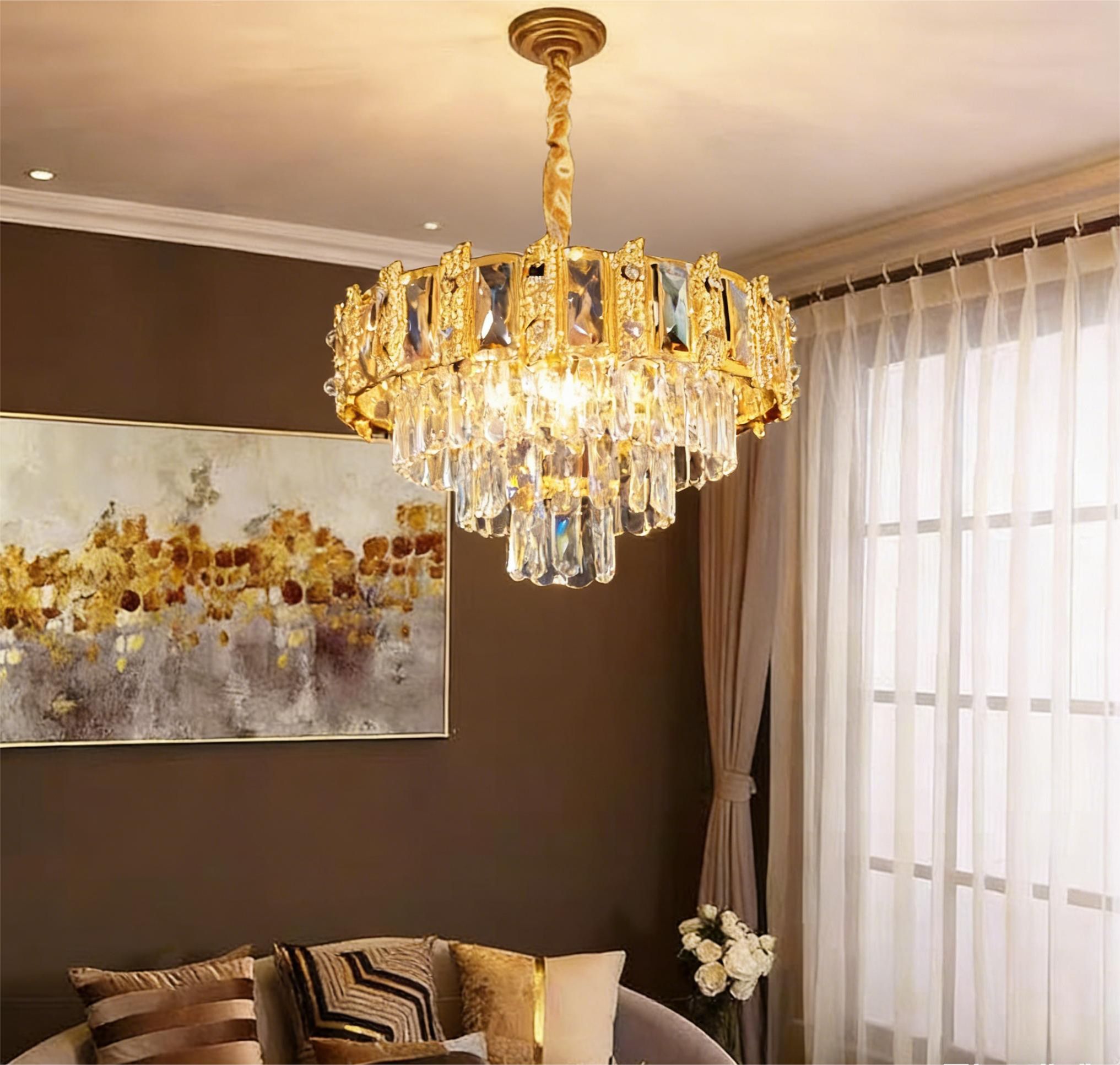 MODI Luxury Crystal Flush Mount Ceiling Light, Gold Modern LED Ceiling Lamp for Living Room Bedroom Hallway, Elegant Cube - Shape Crystal Chandelier Lighting Fixture
