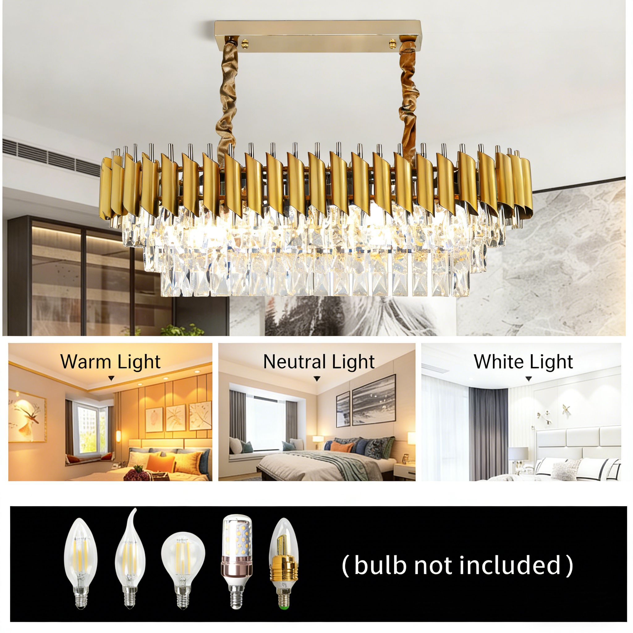 MODI Modern Rectangular Chandelier – 120 cm Gold Crystal 8-Light Luxury Oval Ceiling Pendant for Dining Room, Kitchen Island & Living Room