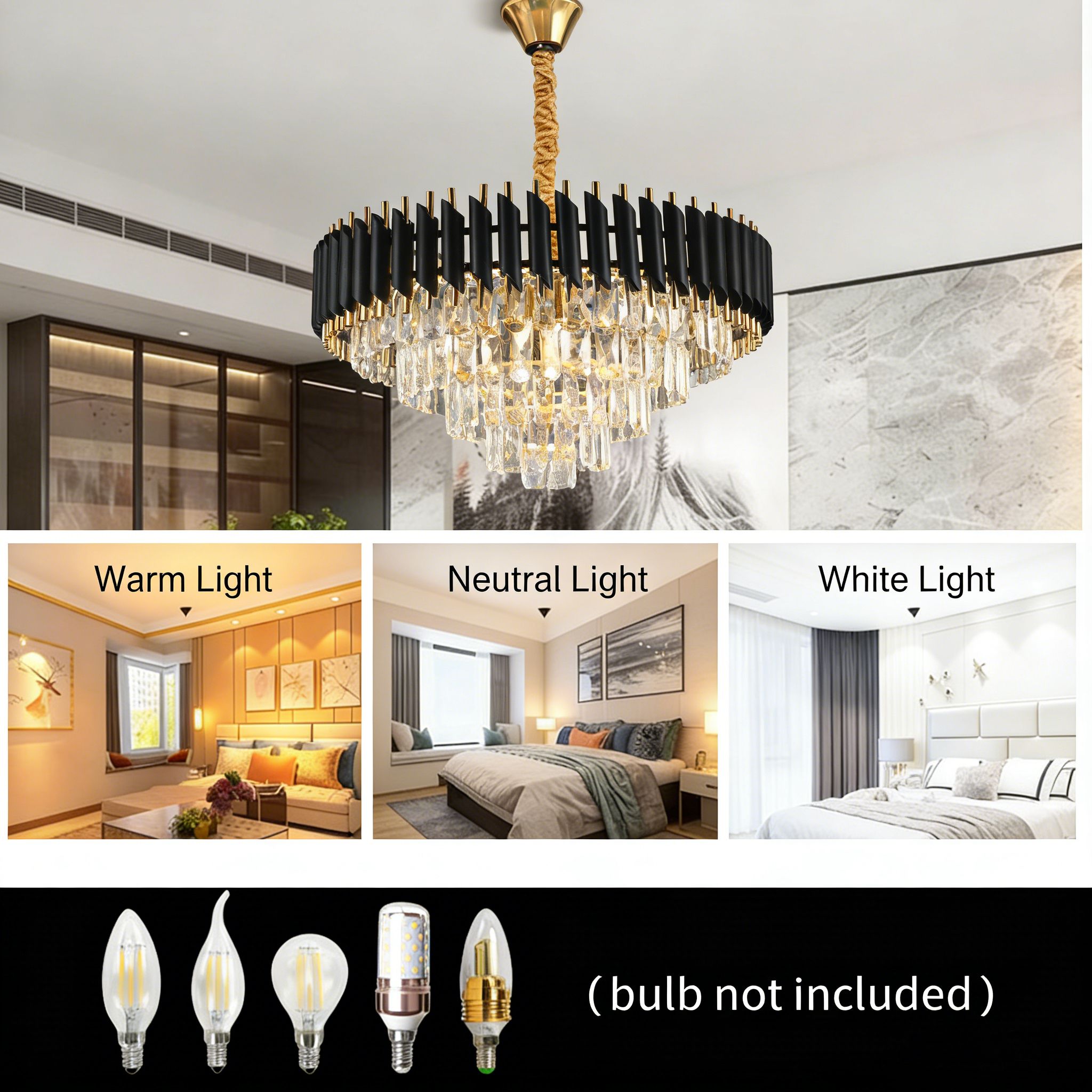 Round K9 Crystal Chandelier | Modern Chandelier Light Fixture for Hallway, Living Room, Hotel & Black Gold Chandelier - Modern Living Room Jhumar with K9 Crystal or  Tier LED Light.