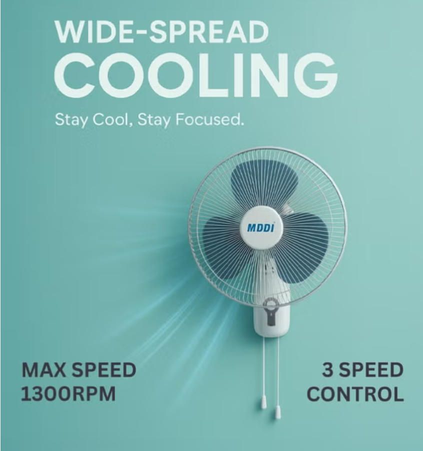 MODI 16-Inch Wall Fan 3-Speed Settings Powerful Airflow Silent Motor Oscillation & Timer Ideal for Home & Office