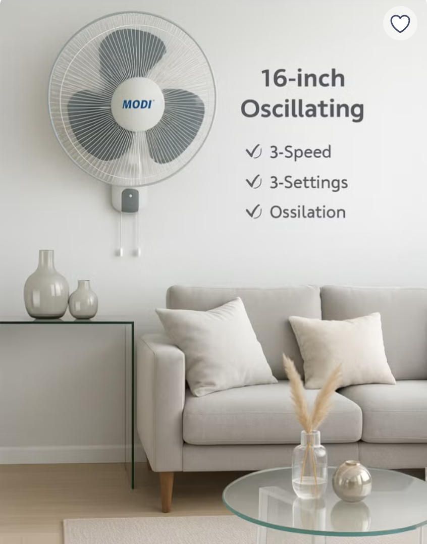 MODI 16-Inch Wall Fan 3-Speed Settings Powerful Airflow Silent Motor Oscillation & Timer Ideal for Home & Office