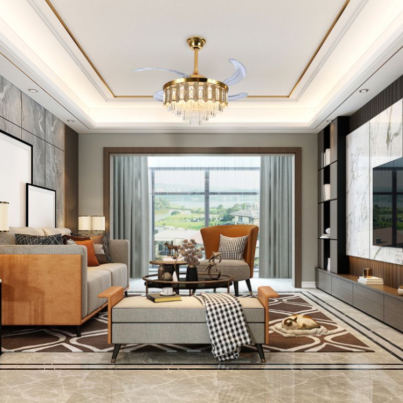 MODI LED Ceiling Fan Light Modern Luxury Golden Crystal Invisible , Bluetooth Speaker, Remote Control, Silent, for Living Room Bedroom Dining Room