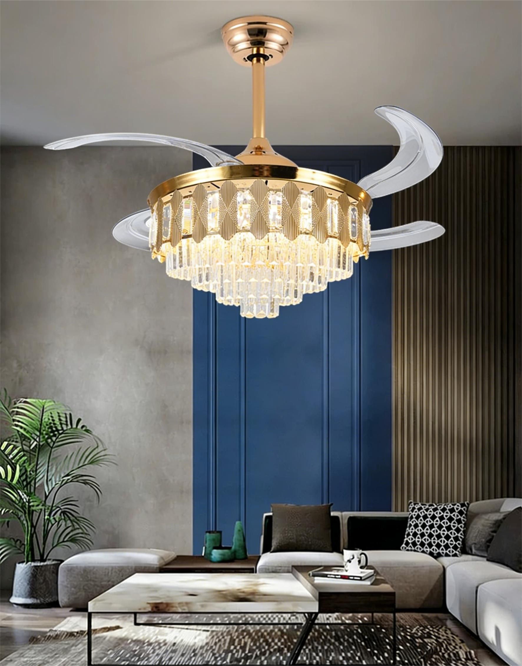 MODI LED Ceiling Fan Light Modern Luxury Golden Crystal Invisible , Bluetooth Speaker, Remote Control, Silent, for Living Room Bedroom Dining Room