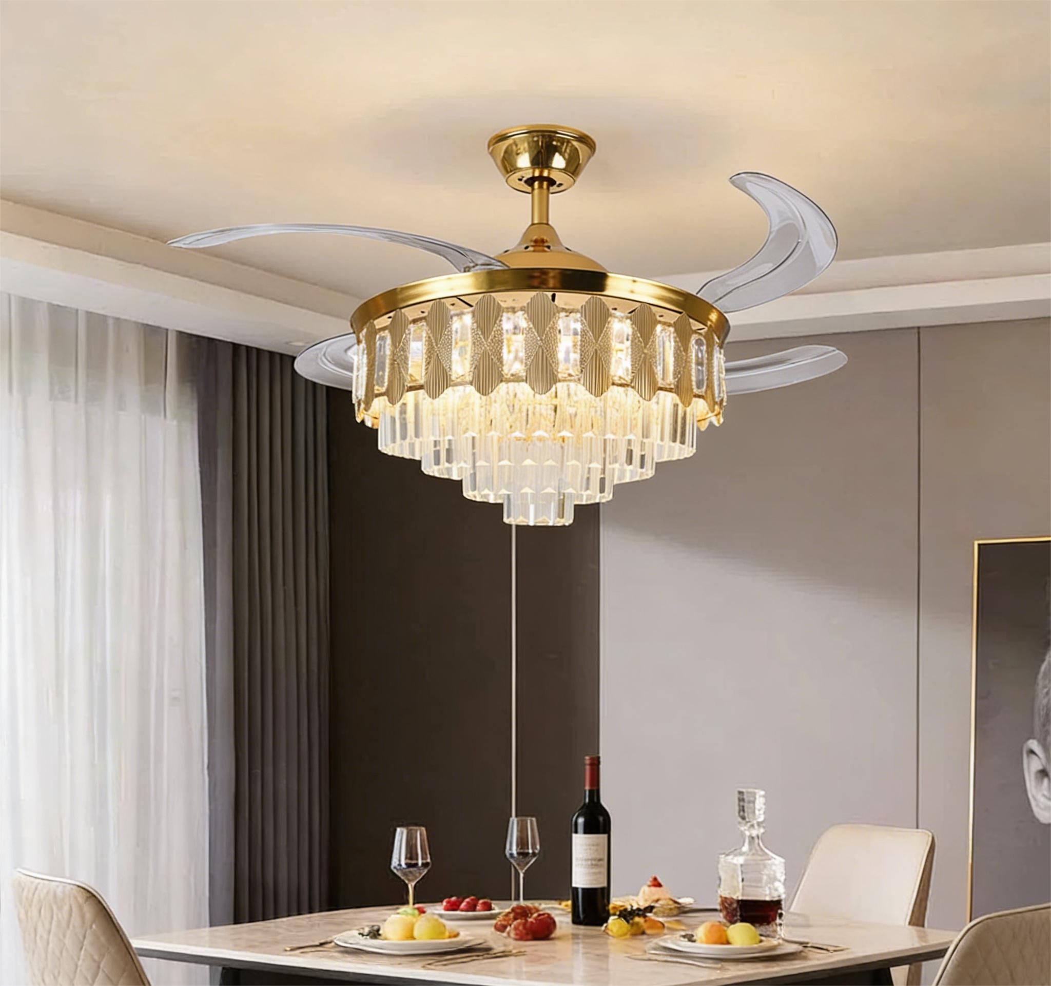 MODI LED Ceiling Fan Light Modern Luxury Golden Crystal Invisible , Bluetooth Speaker, Remote Control, Silent, for Living Room Bedroom Dining Room