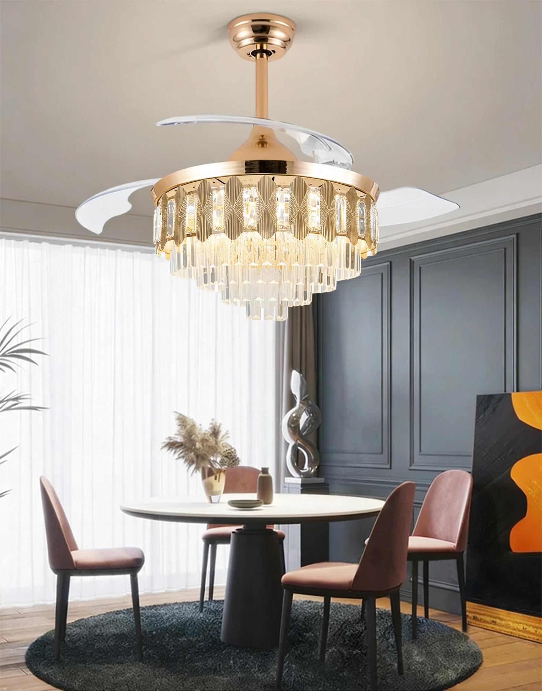MODI Modern Light Luxury Golden Crystal Invisible Ceiling Fan with Bluetooth Speaker, Remote Control & Silent Fan Light, Suitable for Living Room, Bedroom and Dining Room