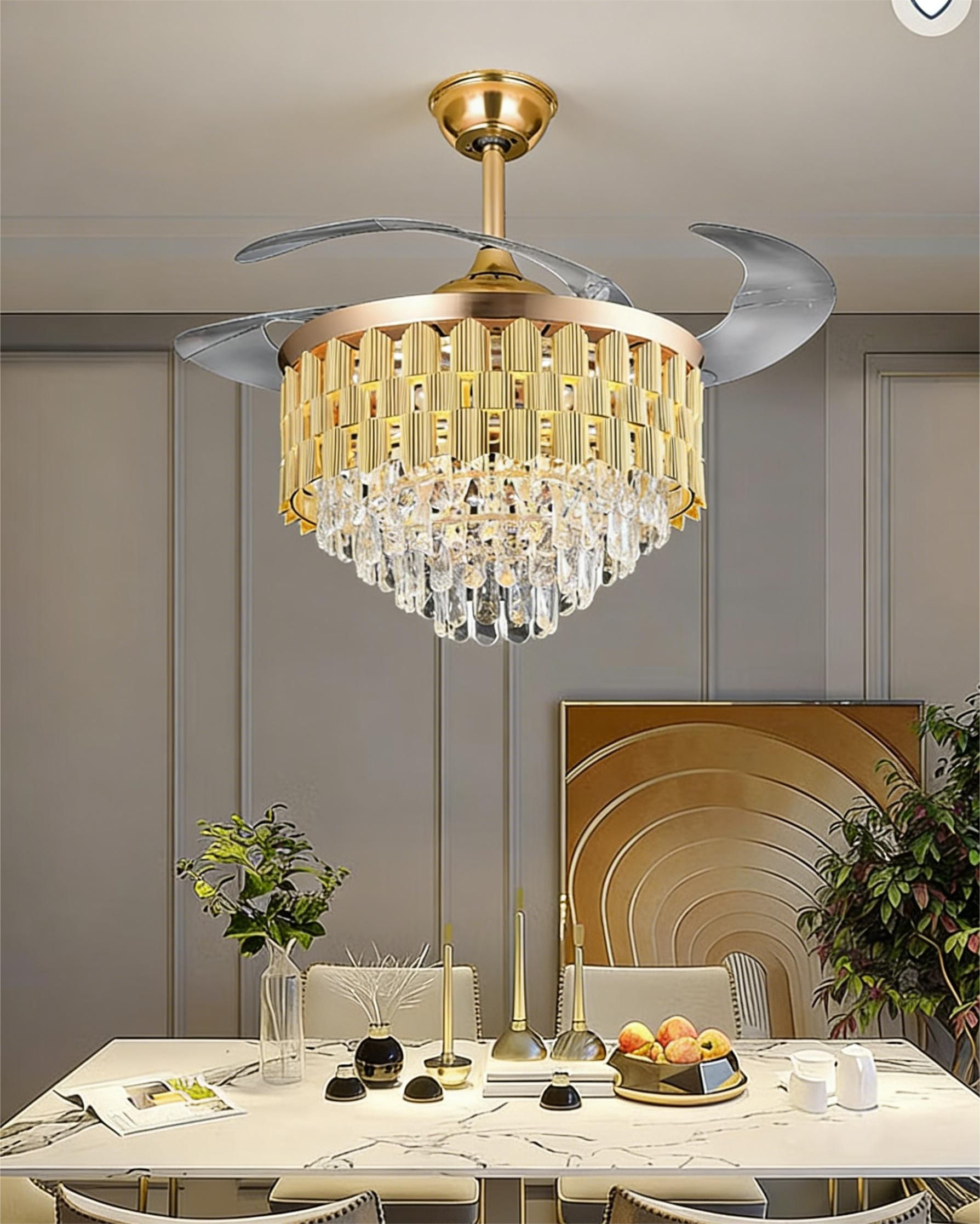 MODI LED Ceiling Fan Light Modern Luxury Golden Crystal Invisible , Bluetooth Speaker, Remote Control, Silent, for Living Room Bedroom Dining Room