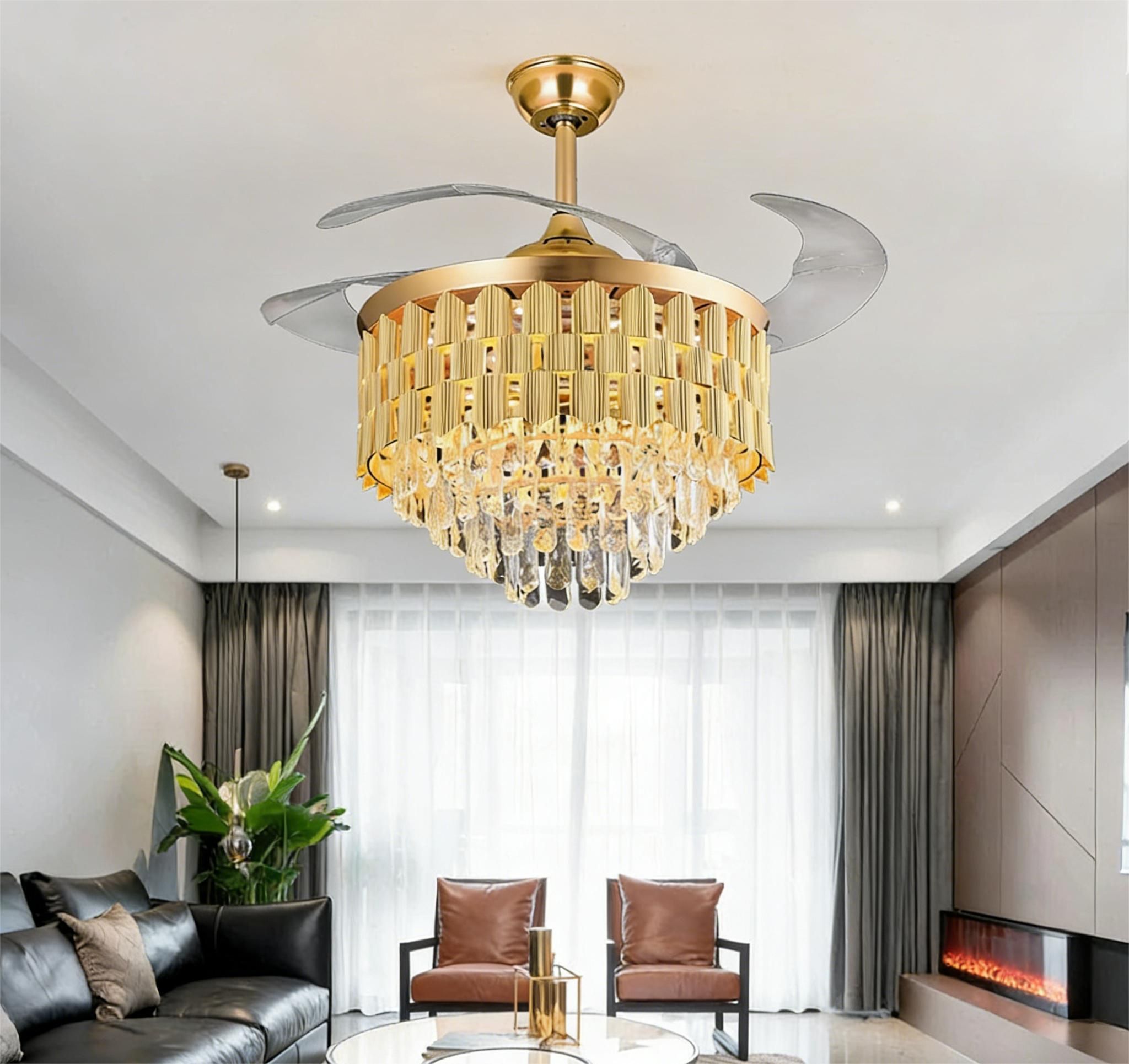 MODI LED Ceiling Fan Light Modern Luxury Golden Crystal Invisible , Bluetooth Speaker, Remote Control, Silent, for Living Room Bedroom Dining Room